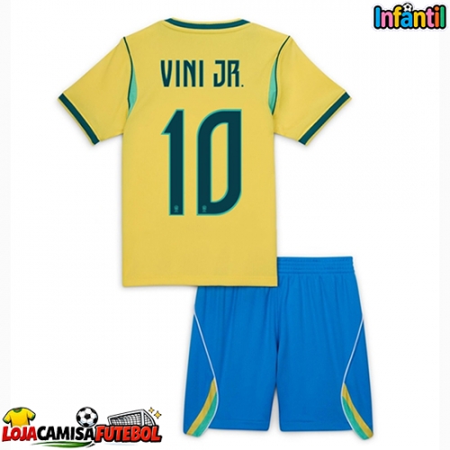 Camisa de Futebol Brasil Vinicius Junior #10 Equipamento Principal Infantil Mundo 2026 Manga Curta (+ Calças curtas)